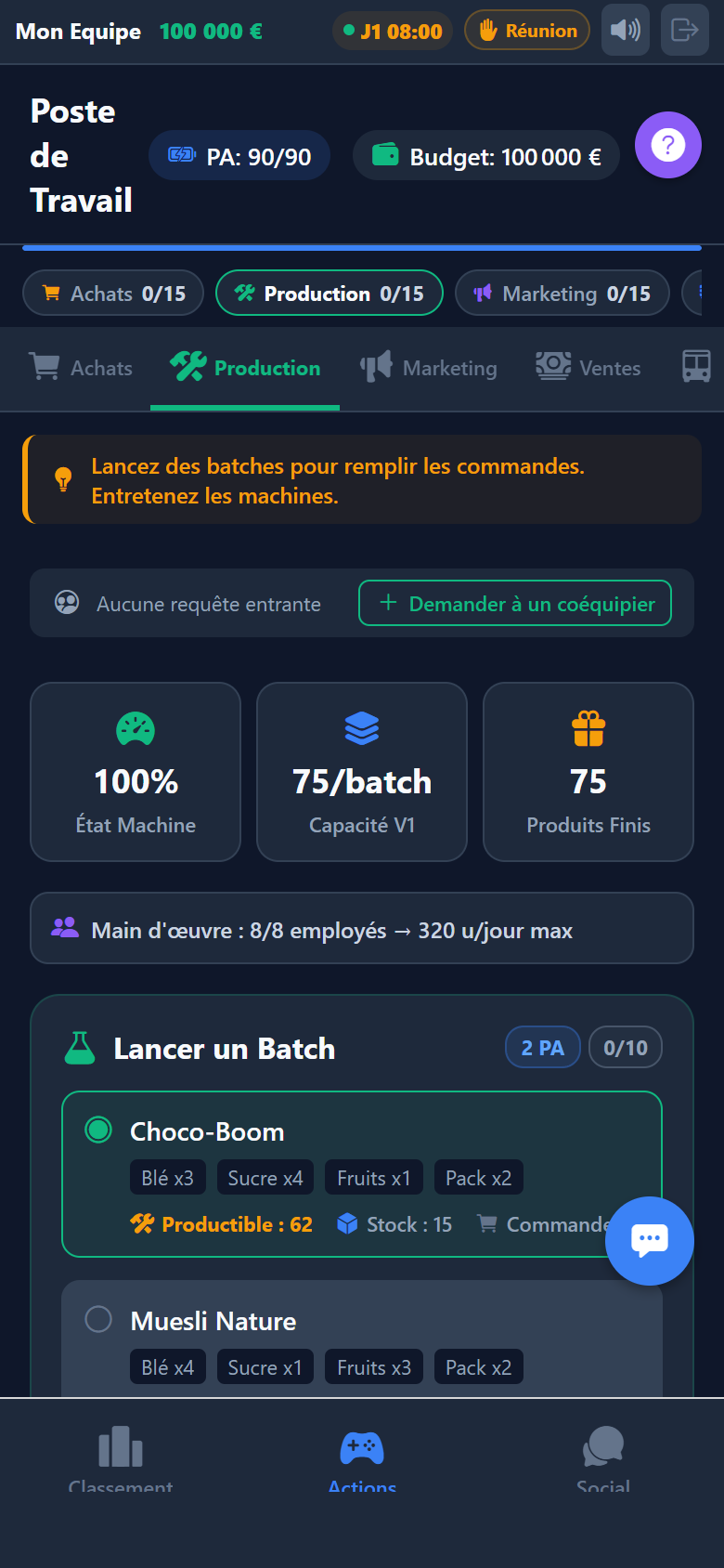 Production — sélection de recette Choco-Boom pour lancer un batch