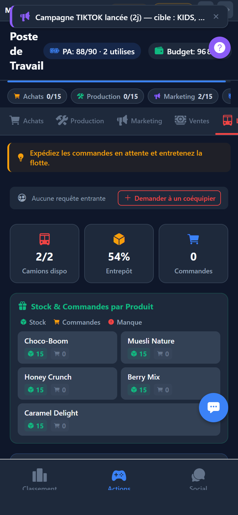 Logistique — flotte de camions disponibles et stocks par produit