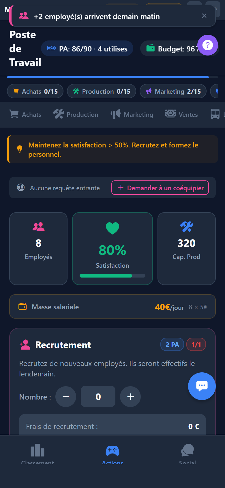 RH — recrutement validé, satisfaction de l'équipe à 80%