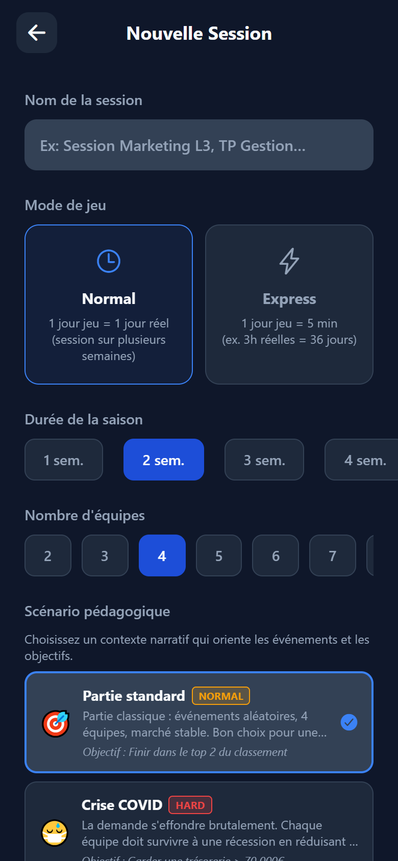 Création de session avec choix du mode et scénario